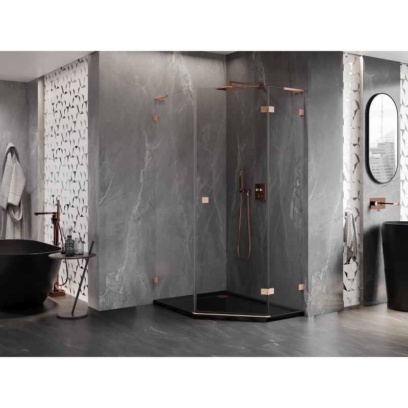 Mexen Lunar L cabine de douche pentagonale pivotante droite 80 x 90 cm, transparent, cuivre brossé - 831L-080P-090L-65-00-P