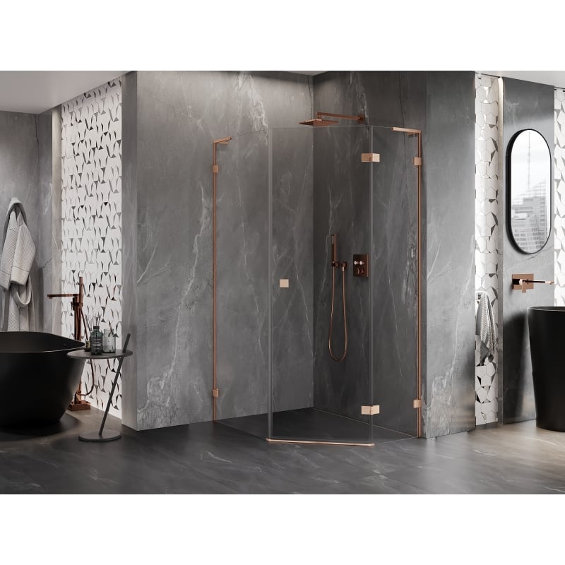 Mexen Lunar L cabine de douche pentagonale pivotante droite 80 x 90 cm, transparent, cuivre brossé - 831L-080P-090L-65-00-P