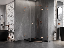 Mexen Lunar L cabine de douche pentagonale pivotante droite 80 x 100 cm, transparent, cuivre brossé - 831L-080P-100L-65-00-P