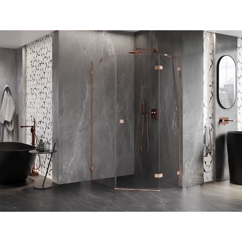Mexen Lunar cabine de douche pentagonale pivotante droite 80 x 100 cm, transparent, cuivre brossé - 831-080P-100L-65-00-P