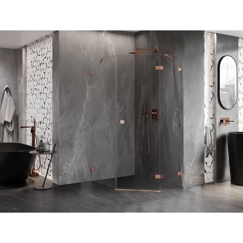 Mexen Lunar cabine de douche pentagonale pivotante droite 80 x 100 cm, transparent, cuivre brossé - 831-080P-100L-65-00-P