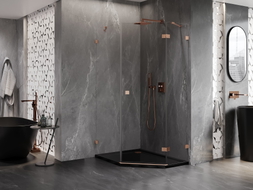 Mexen Lunar cabine de douche pentagonale, porte battante droite 90 x 100 cm, transparent, cuivre brossé - 831-090P-100L-65-00-P