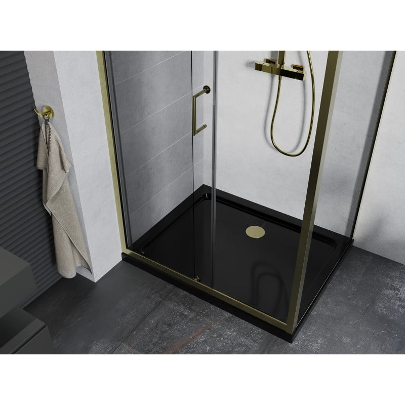 Mexen Apia cabine de douche coulissante 110 x 90 cm, transparent, or + receveur Flat, noir - 840-110-090-50-00-4070G