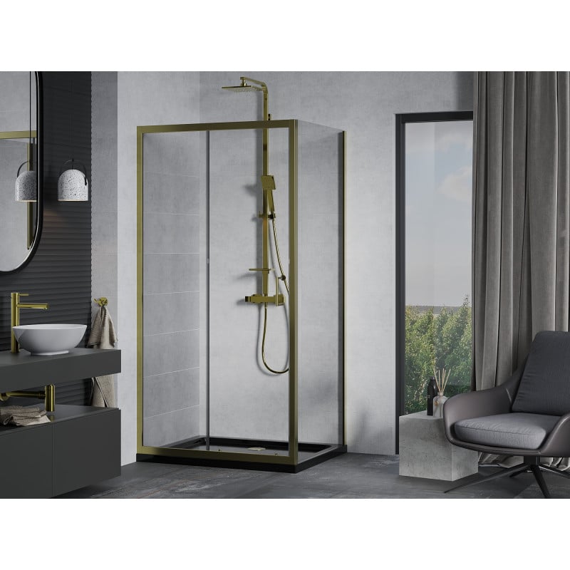 Mexen Apia cabine de douche coulissante 110 x 90 cm, transparent, or + receveur Flat, noir - 840-110-090-50-00-4070G