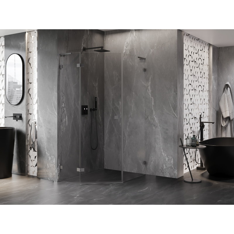 Mexen Lunar L cabine de douche pentagonale pivotante gauche 80 x 100 cm, transparent, métal canon - 831L-080L-100P-95-00-L