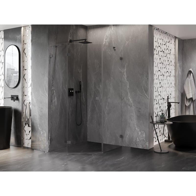 Mexen Lunar cabine de douche pentagonale pivotante gauche 80 x 100 cm, transparent, métal canon - 831-080L-100P-95-00-L