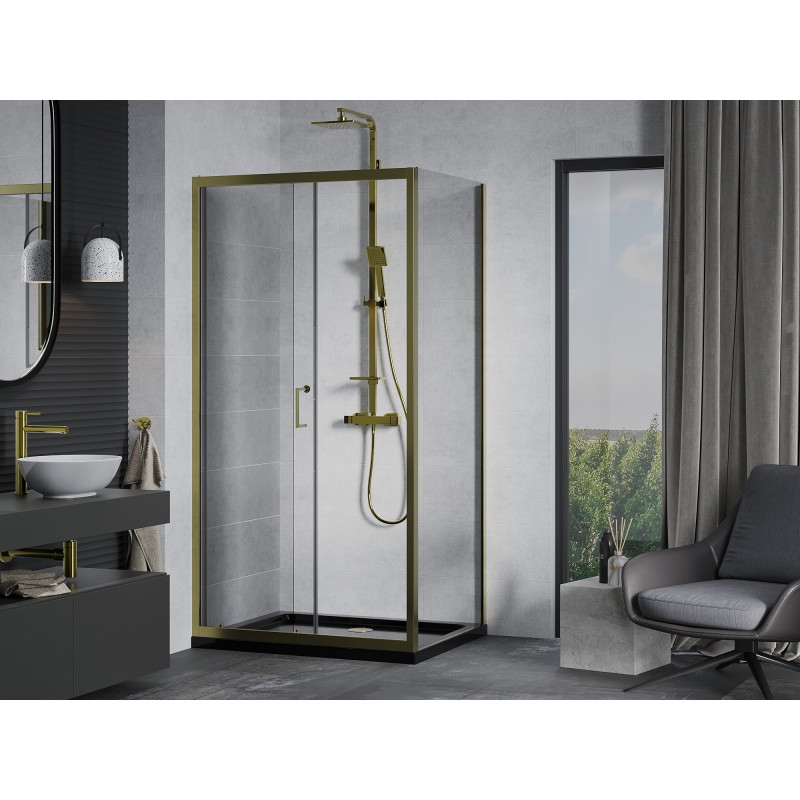 Mexen Apia cabine de douche coulissante 120 x 70 cm, transparente, dorée + receveur Flat, noir - 840-120-070-50-00-4070G