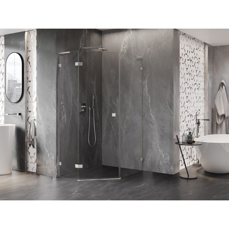 Mexen Lunar L cabine de douche pentagonale pivotante gauche 80 x 90 cm, transparent, nickel brossé - 831L-080L-090P-97-00-L