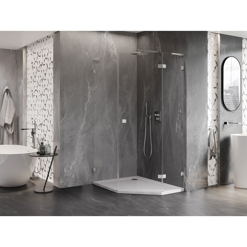 Mexen Lunar L cabine de douche pentagonale pivotante droite 80 x 90 cm, transparent, nickel brossé - 831L-080P-090L-97-00-P