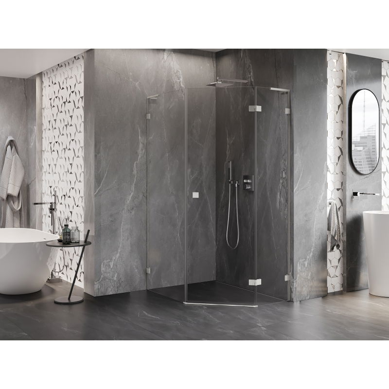 Mexen Lunar L cabine de douche pentagonale pivotante droite 80 x 90 cm, transparent, nickel brossé - 831L-080P-090L-97-00-P
