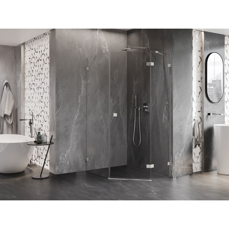 Mexen Lunar cabine de douche pentagonale pivotante droite 80 x 90 cm, transparent, nickel brossé - 831-080P-090L-97-00-P