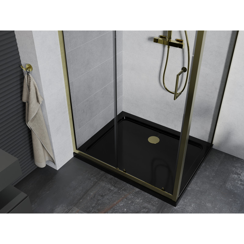 Mexen Apia cabine de douche coulissante 130 x 70 cm, transparente, dorée + receveur Flat, noir - 840-130-070-50-00-4070G