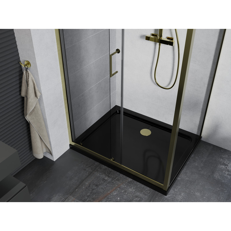 Mexen Apia cabine de douche coulissante 130 x 70 cm, transparente, dorée + receveur Flat, noir - 840-130-070-50-00-4070G