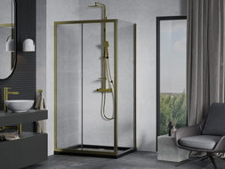 Mexen Apia cabine de douche coulissante 140 x 70 cm, transparent, or + receveur plat, noir - 840-140-070-50-00-4070G