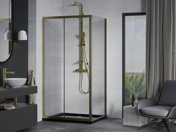 Mexen Apia cabine de douche coulissante 140 x 80 cm, transparente, dorée + receveur Flat, noir - 840-140-080-50-00-4070G