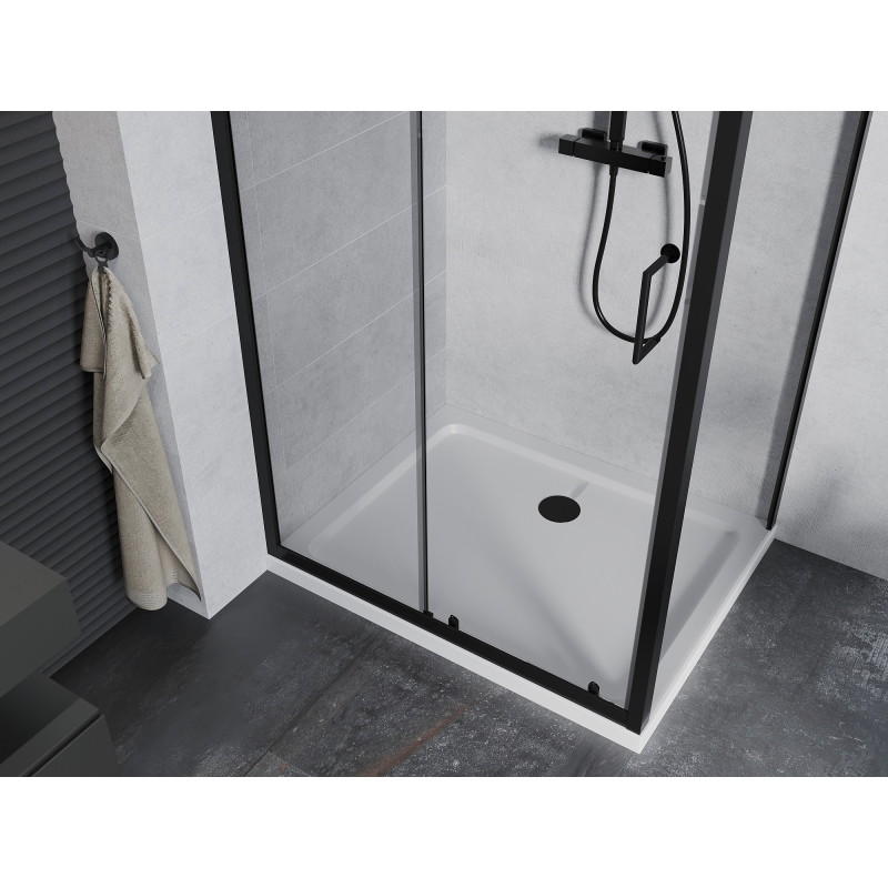 Mexen Apia cabine de douche coulissante 90 x 70 cm, transparente, noire + receveur Flat, blanc - 840-090-070-70-00-4010B