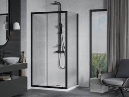 Mexen Apia cabine de douche coulissante 90 x 70 cm, transparente, noire + receveur Flat, blanc - 840-090-070-70-00-4010B
