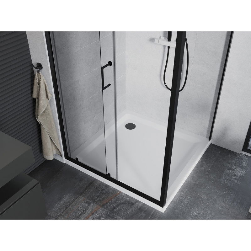 Mexen Apia cabine de douche coulissante 90 x 90 cm, transparente, noire + receveur Flat, blanc - 840-090-090-70-00-4010B