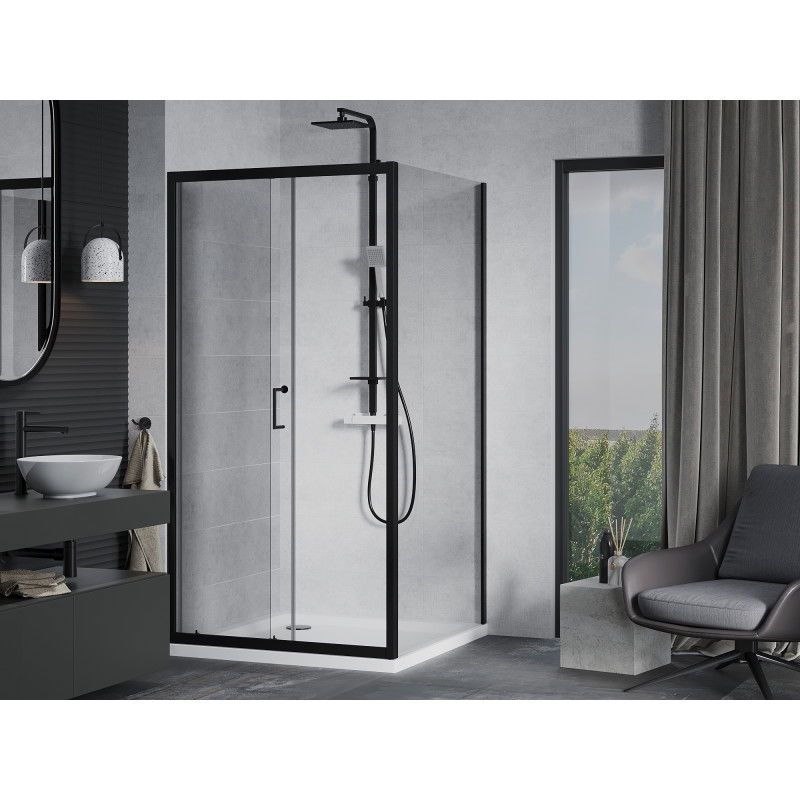 Mexen Apia cabine de douche coulissante 90 x 90 cm, transparente, noire + receveur Flat, blanc - 840-090-090-70-00-4010B