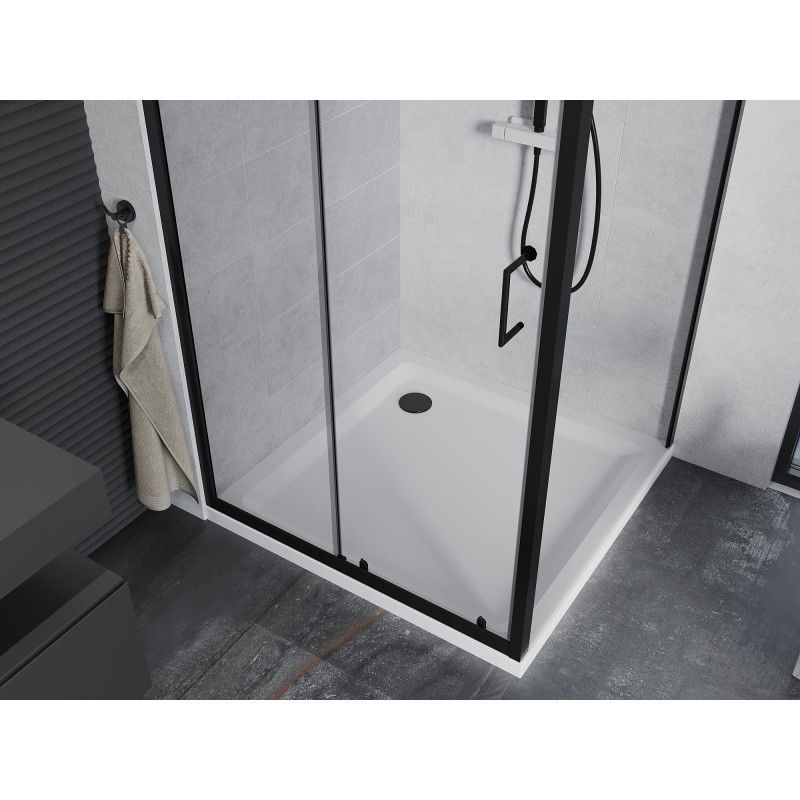 Mexen Apia cabine de douche coulissante 90 x 90 cm, transparente, noire + receveur Flat, blanc - 840-090-090-70-00-4010B