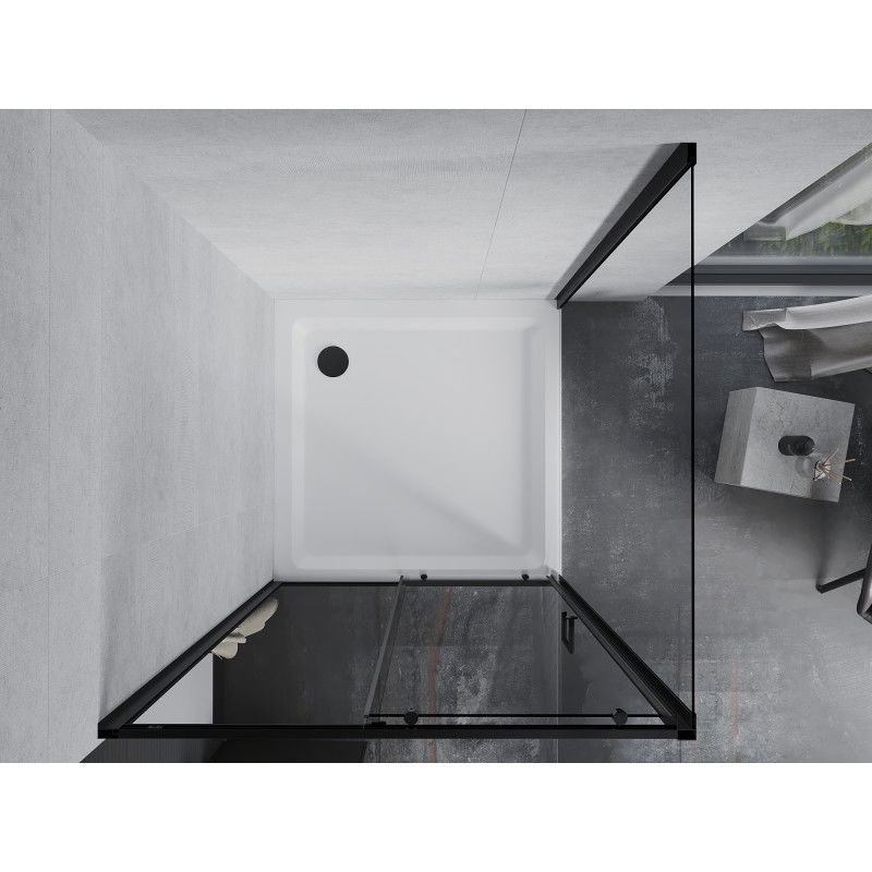 Mexen Apia cabine de douche coulissante 90 x 90 cm, transparente, noire + receveur Flat, blanc - 840-090-090-70-00-4010B