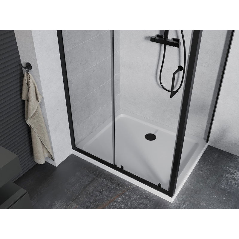 Mexen Apia cabine de douche coulissante 90 x 100 cm, transparente, noire + receveur Flat, blanc - 840-090-100-70-00-4010B