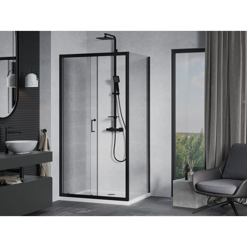 Mexen Apia cabine de douche coulissante 90 x 100 cm, transparente, noire + receveur Flat, blanc - 840-090-100-70-00-4010B