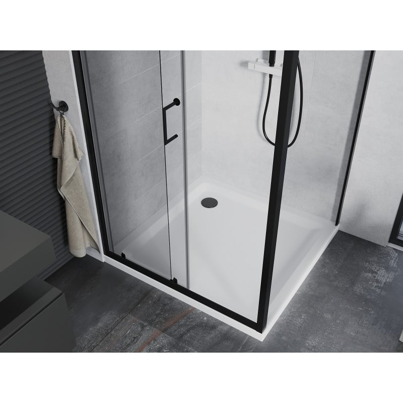 Mexen Apia cabine de douche coulissante 100 x 100 cm, transparent, noir + receveur Flat, blanc- 840-100-100-70-00-4010B