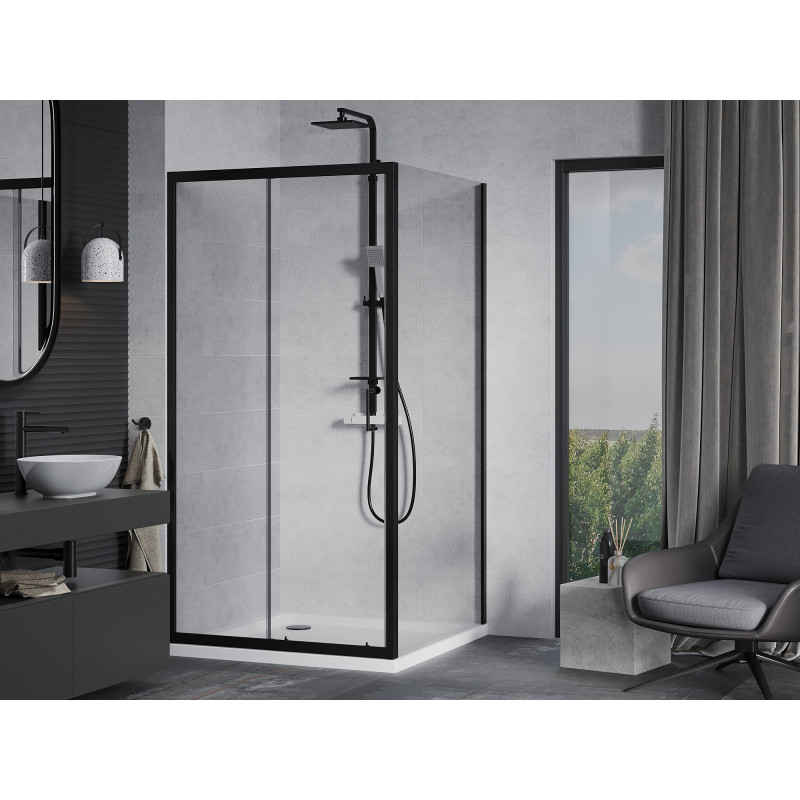Mexen Apia cabine de douche coulissante 100 x 100 cm, transparente, noire + receveur Flat, blanc - 840-100-100-70-00-4010B