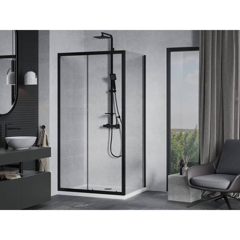 Mexen Apia cabine de douche coulissante 130 x 80 cm, transparent, noire + receveur Flat, blanc - 840-130-080-70-00-4010B