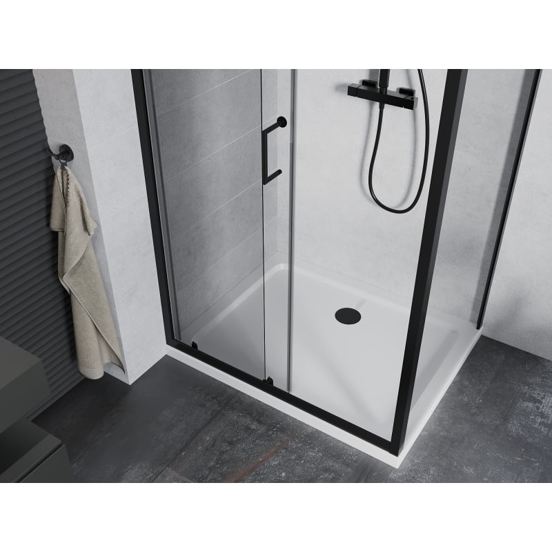 Mexen Apia cabine de douche coulissante 130 x 90 cm, transparente, noire + receveur Flat, blanc - 840-130-090-70-00-4010B