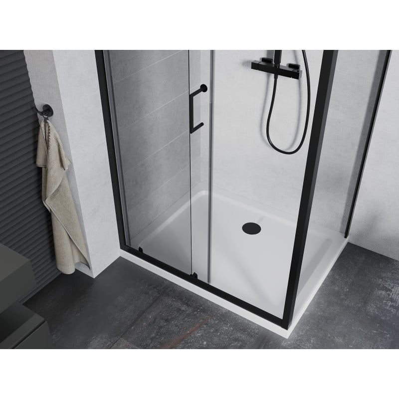 Mexen Apia cabine de douche coulissante 140 x 80 cm, transparente, noire + receveur Flat, blanc - 840-140-080-70-00-4010B