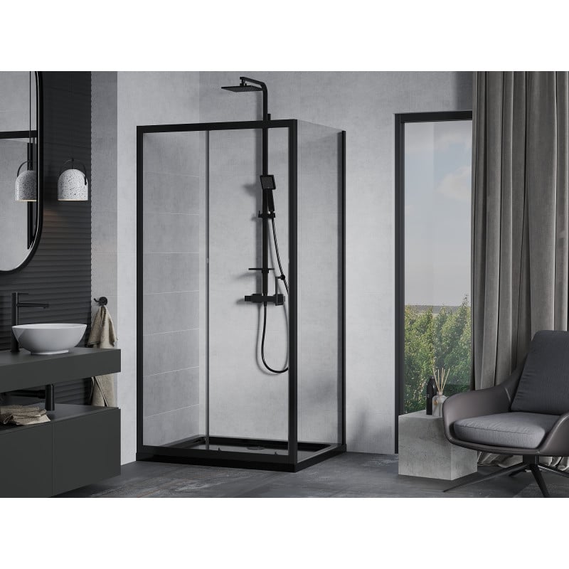 Mexen Apia cabine de douche coulissante 90 x 80 cm, transparente, noire + receveur Flat, noir - 840-090-080-70-00-4070B