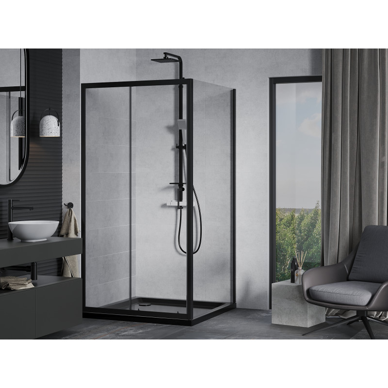 Mexen Apia cabine de douche coulissante 100 x 100 cm, transparente, noire + receveur Flat, noir - 840-100-100-70-00-4070B