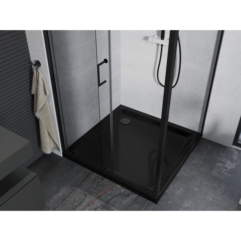 Mexen Apia cabine de douche coulissante 100 x 100 cm, transparente, noire + receveur Flat, noir - 840-100-100-70-00-4070B