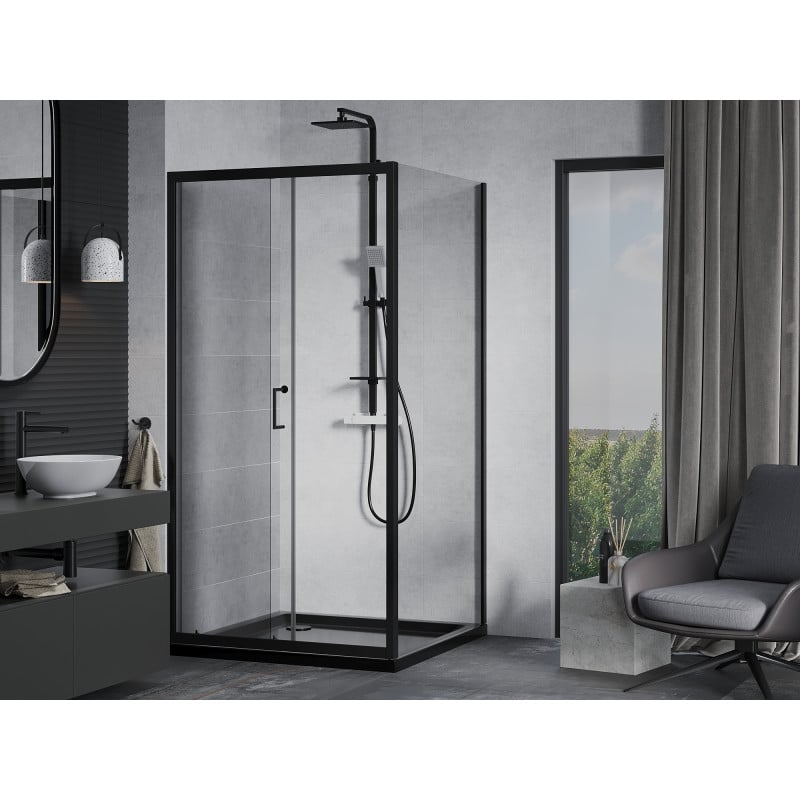 Mexen Apia cabine de douche coulissante 100 x 100 cm, transparente, noire + receveur Flat, noir - 840-100-100-70-00-4070B