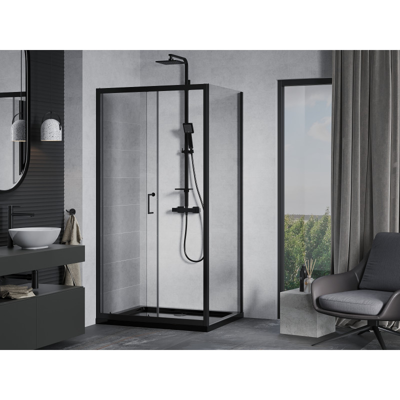 Mexen Apia cabine de douche coulissante 140 x 80 cm, transparent, noir + receveur Flat, noir - 840-140-080-70-00-4070B