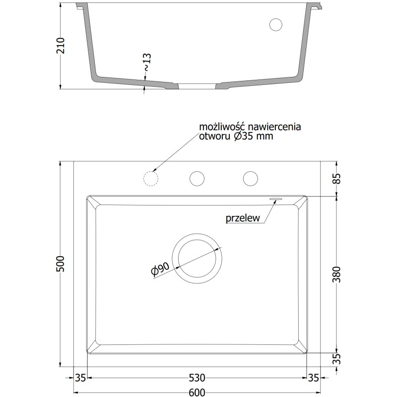 Mexen Elix évier en granit 1 bac 600 x 500 mm, noir, siphon chromé - 6525601005-77