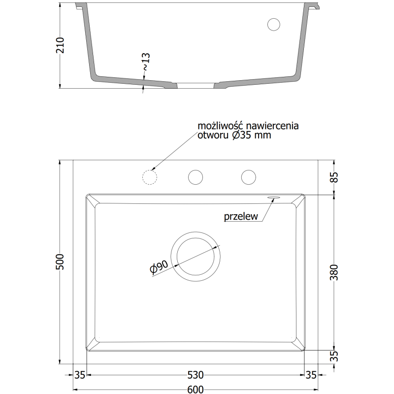 Mexen Elix évier en granit 1 bac 600 x 500 mm, gris, siphon doré - 6525601005-71-G