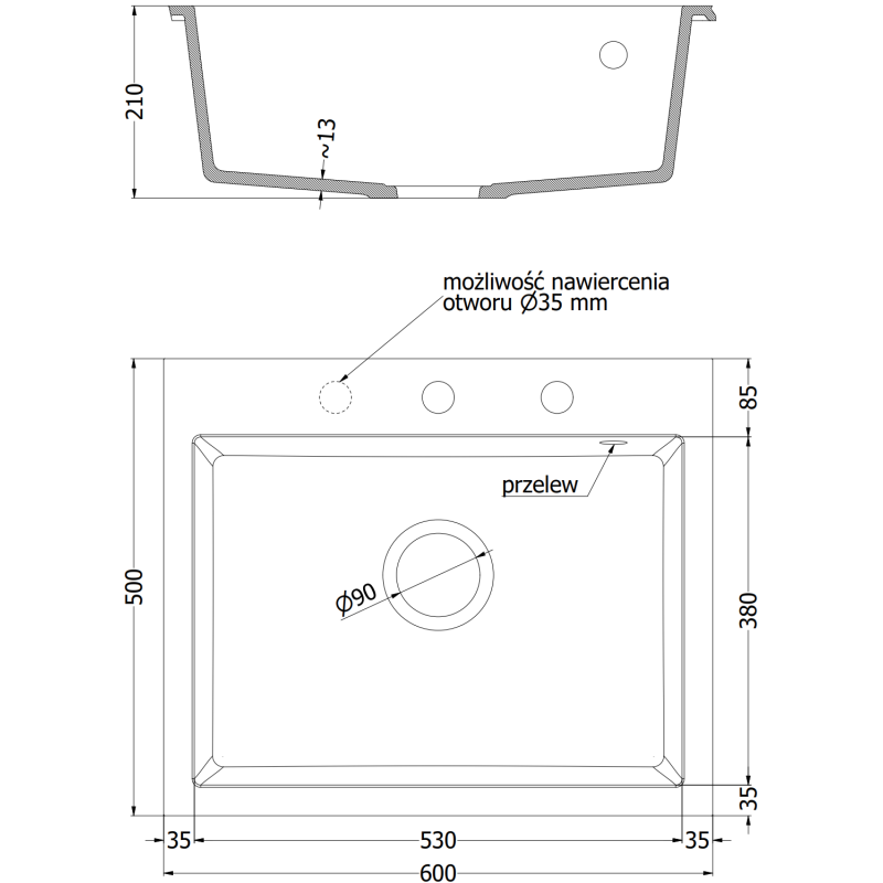 Mexen Elix évier en granit 1-bac 600 x 500 mm, gris, siphon noir - 6525601005-71-B