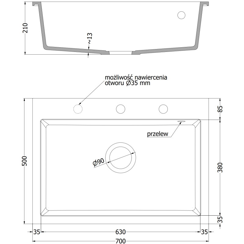 Mexen Elix évier en granit 1 bac 700 x 500 mm, noir/or métallique, siphon chromé - 6526701005-75