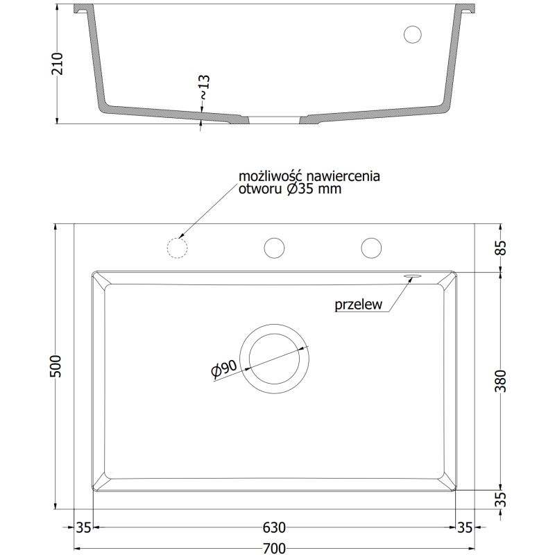 Mexen Elix évier en granit 1 bac 700 x 500 mm, noir, siphon chromé - 6526701005-77