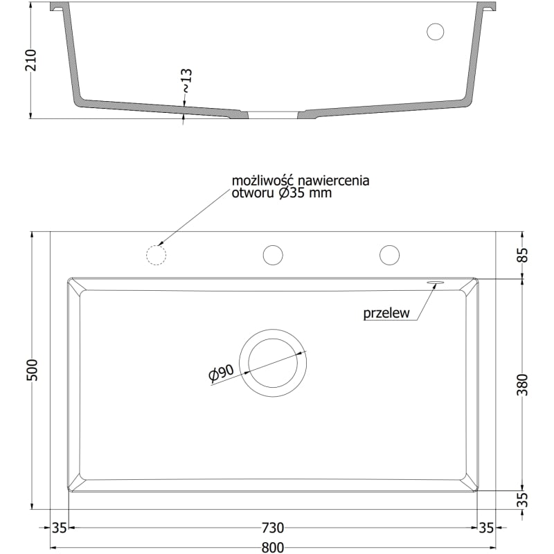 Mexen Elix évier en granit 1 bac 800 x 500 mm, noir/argent métallisé, siphon chromé - 6527801005-73