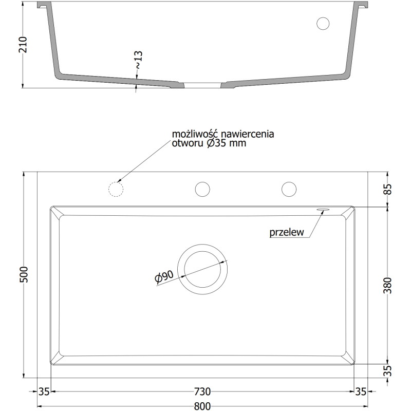 Mexen Elix Évier en granit 1 bac 800 x 500 mm, noir/doré métallique, siphon chromé - 6527801005-75