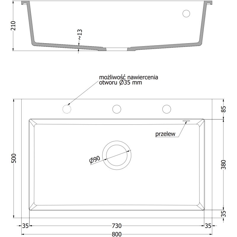 Mexen Elix évier en granit 1 bac 800 x 500 mm, noir, siphon noir - 6527801005-77-B