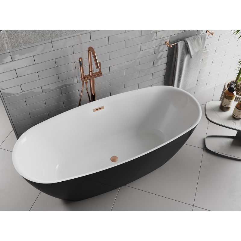 Mexen Luvo Slim baignoire autoportante 170 x 75 cm, blanc/noir, trop-plein cuivre brossé - 52801707575-65