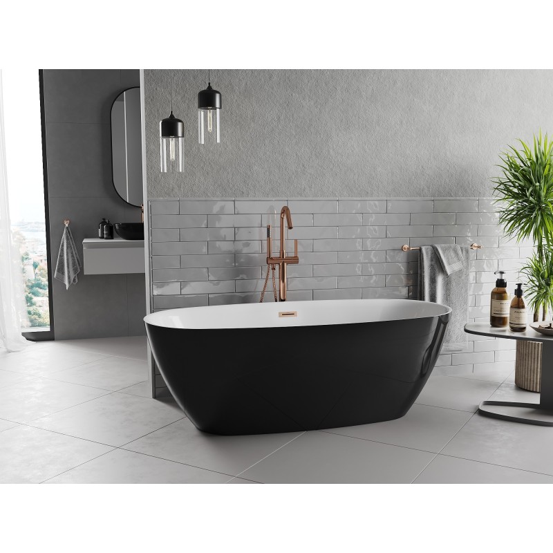 Mexen Luvo Slim baignoire autoportante 170 x 75 cm, blanc/noir, trop-plein cuivre brossé - 52801707575-65