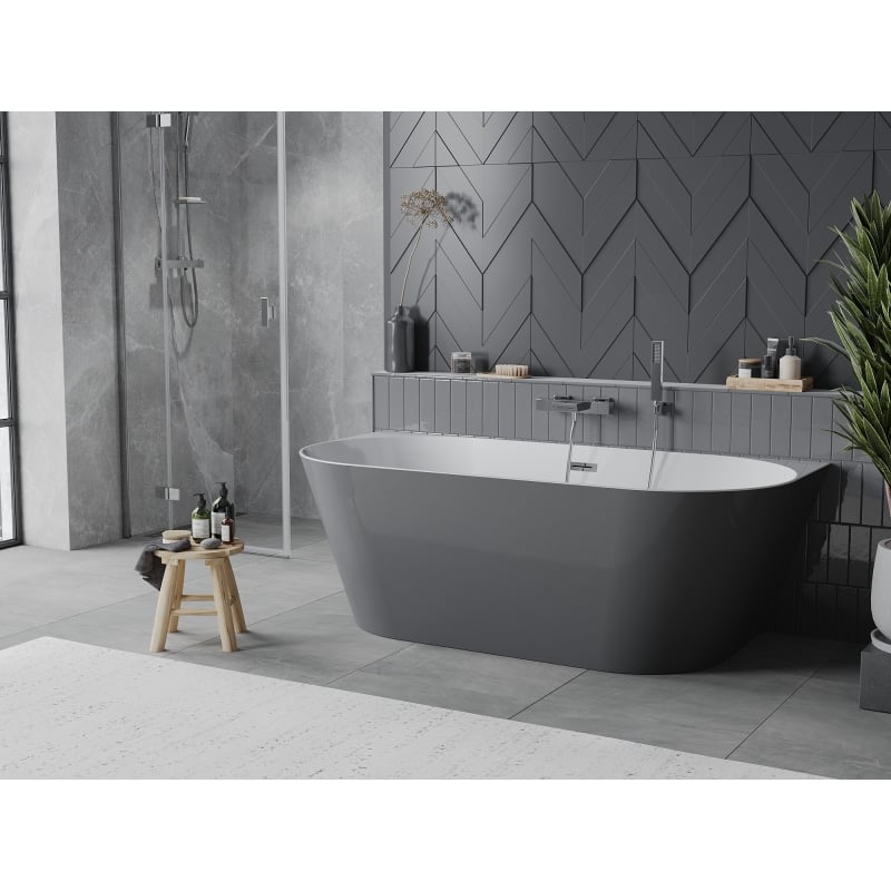 Mexen Oval Slim baignoire autoportante adossée 170 x 80 cm, blanche/grise, trop-plein chromé - 52661708062-01