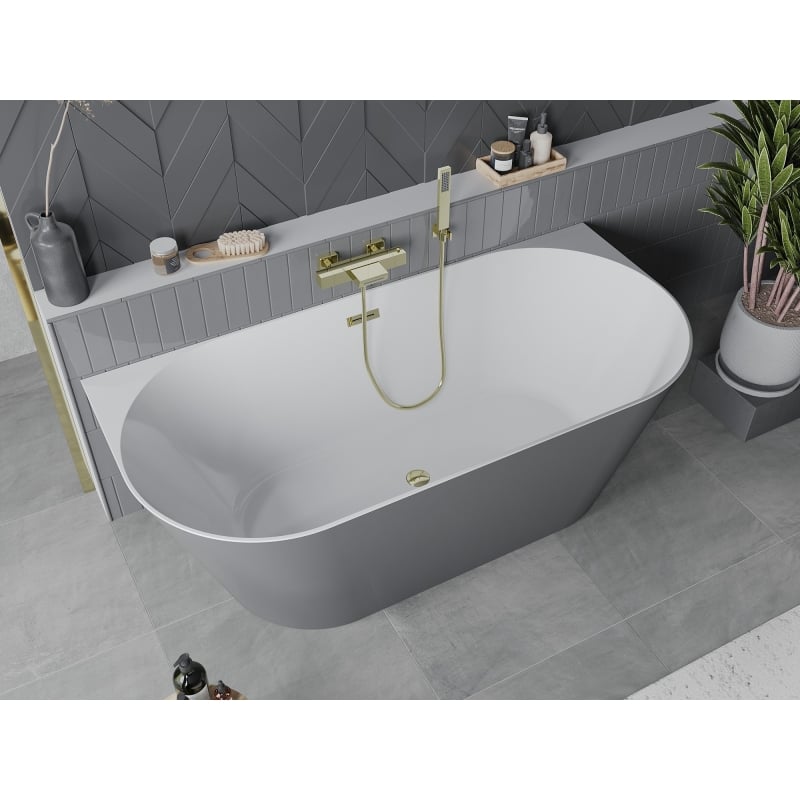 Mexen Oval Slim baignoire autoportante contre le mur 170 x 80 cm, blanc/gris, trop-plein doré - 52661708062-50