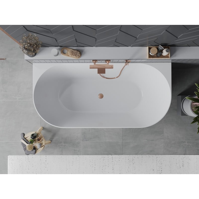 Mexen Oval Slim baignoire autoportante murale 170 x 80 cm, blanche/grise, trop-plein cuivre brossé - 52661708062-65